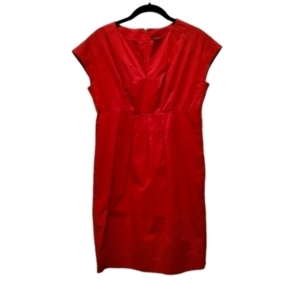 Ann Taylor Red Poplin Pleated Cap Sleeve Split Neck Dress 2P Petite XS